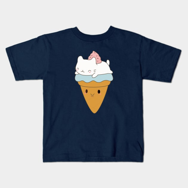 Kawaii Ice Cream Cone Cat T-Shirt Kids T-Shirt by happinessinatee